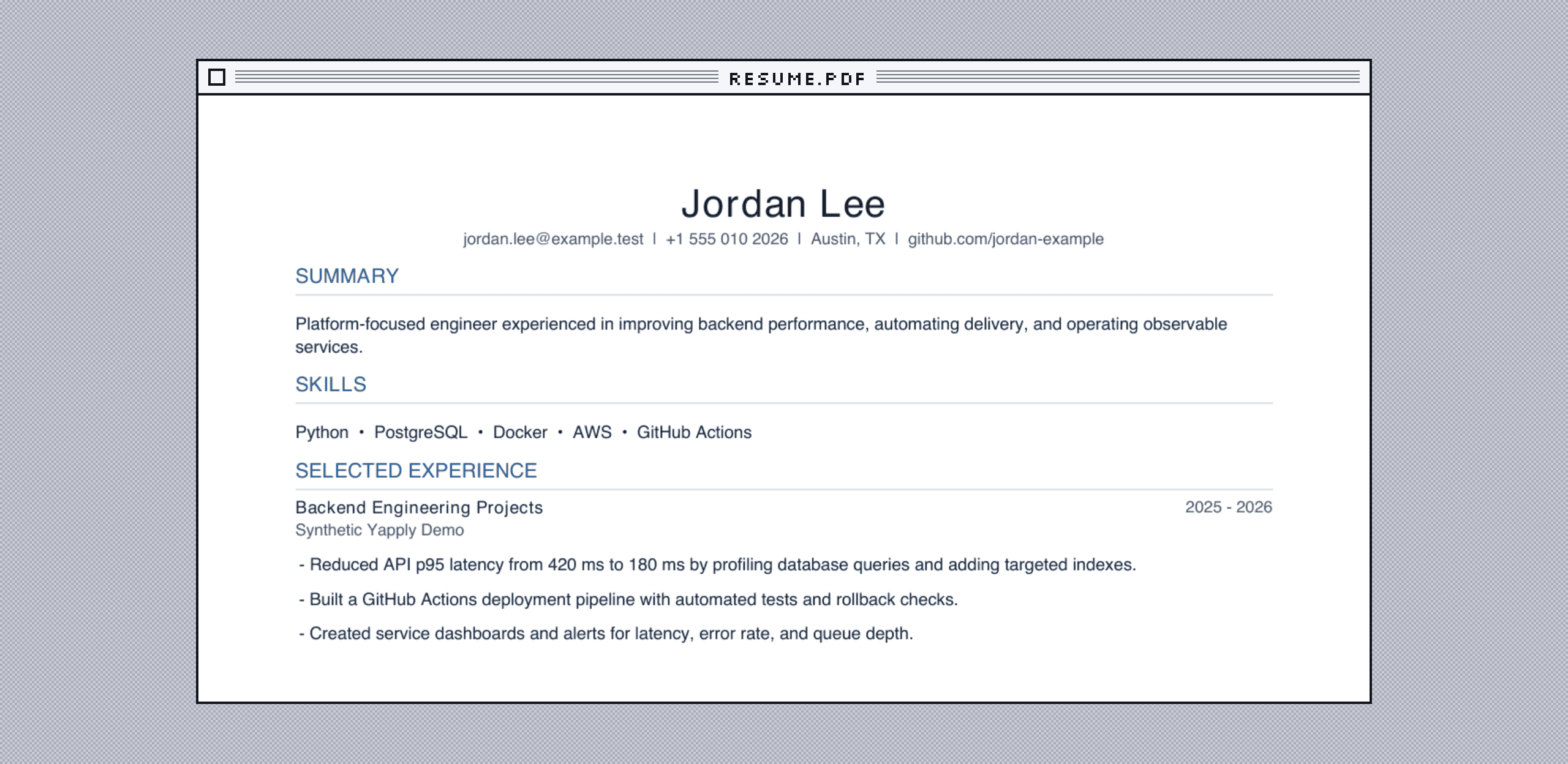 A résumé generated by Yapply using its fictional demo profile.