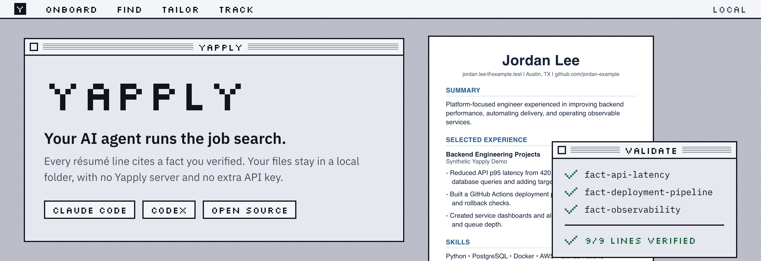 Yapply’s branded demo: local career tools, a synthetic résumé, and verified source facts.